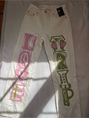 Levi's White Kids Jeans with Pink & Olive Green Graphic Panels